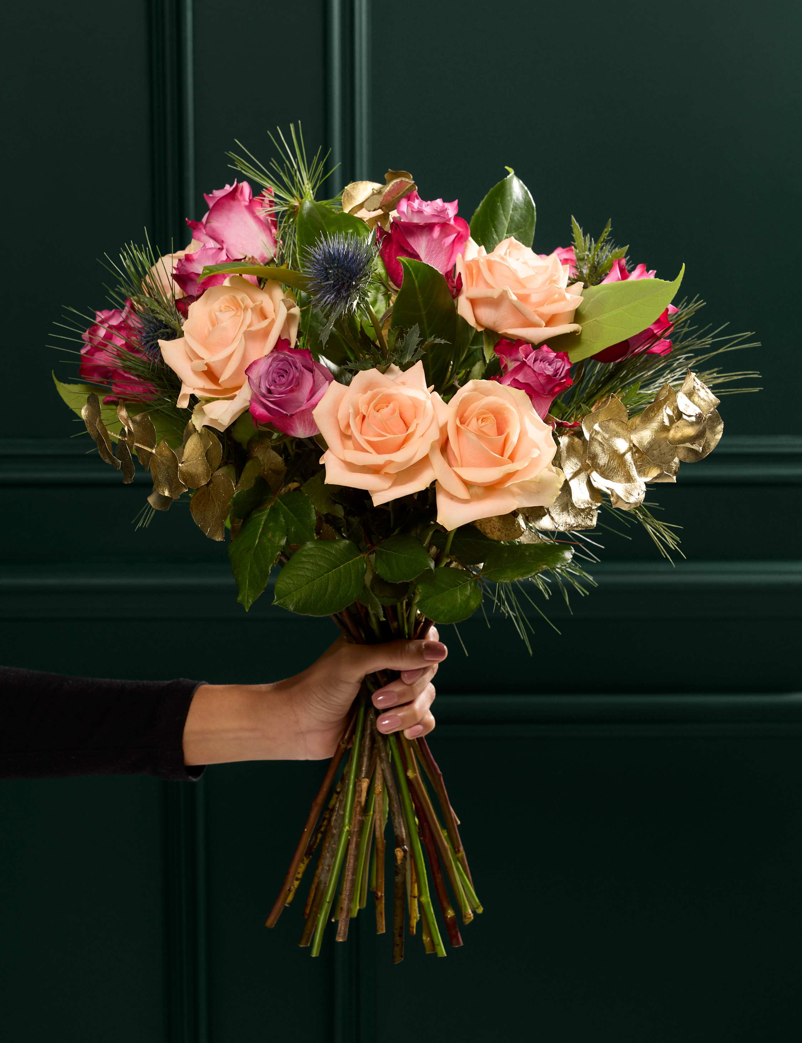 Festive Pearl Avalanche™ Rose & Kiefer Pine Bouquet 1 of 6