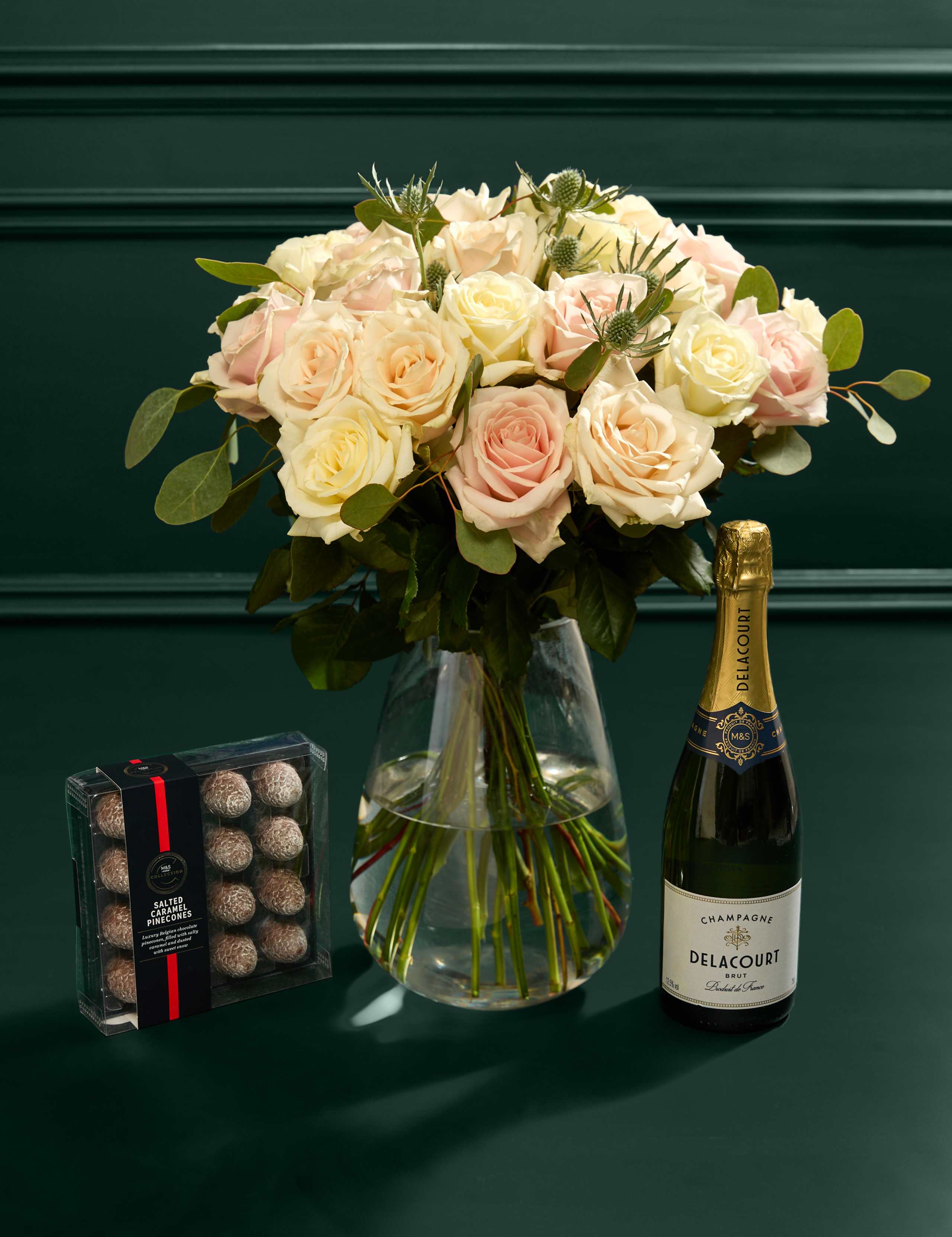 Festive Mixed Rose Christmas Bouquet with Champagne & Caramel Salted Pinecones 1 of 6