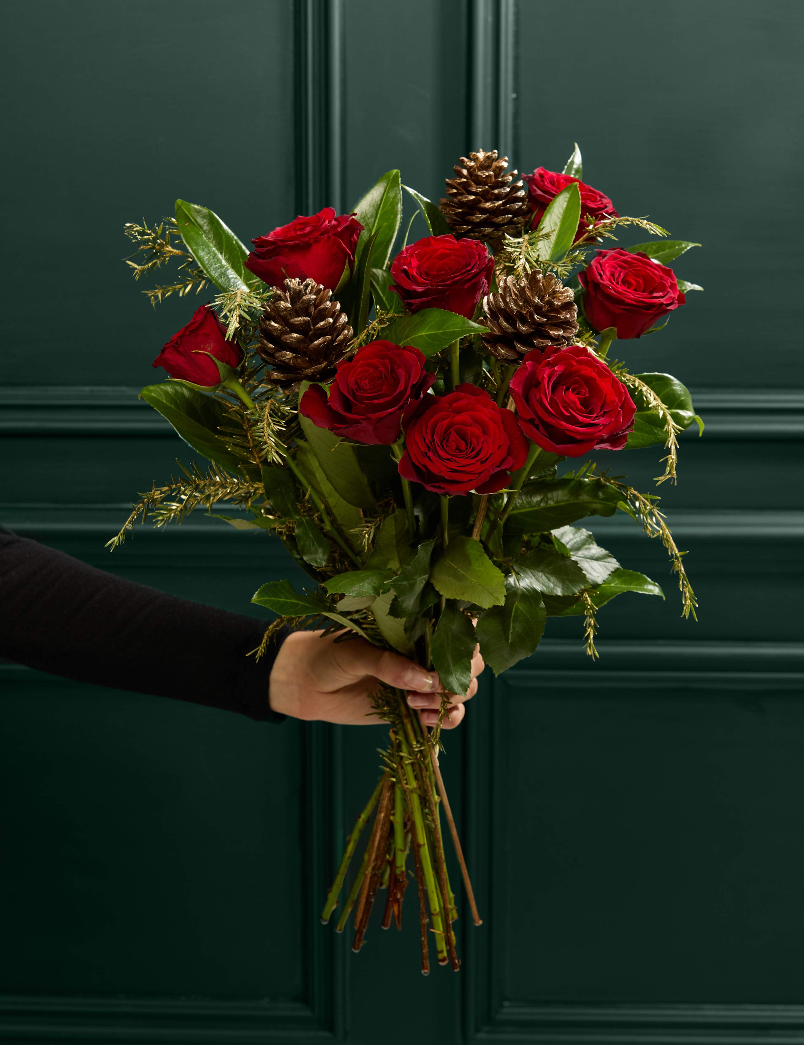 Red Christmas Rose & Pinecone Bouquet 1 of 3