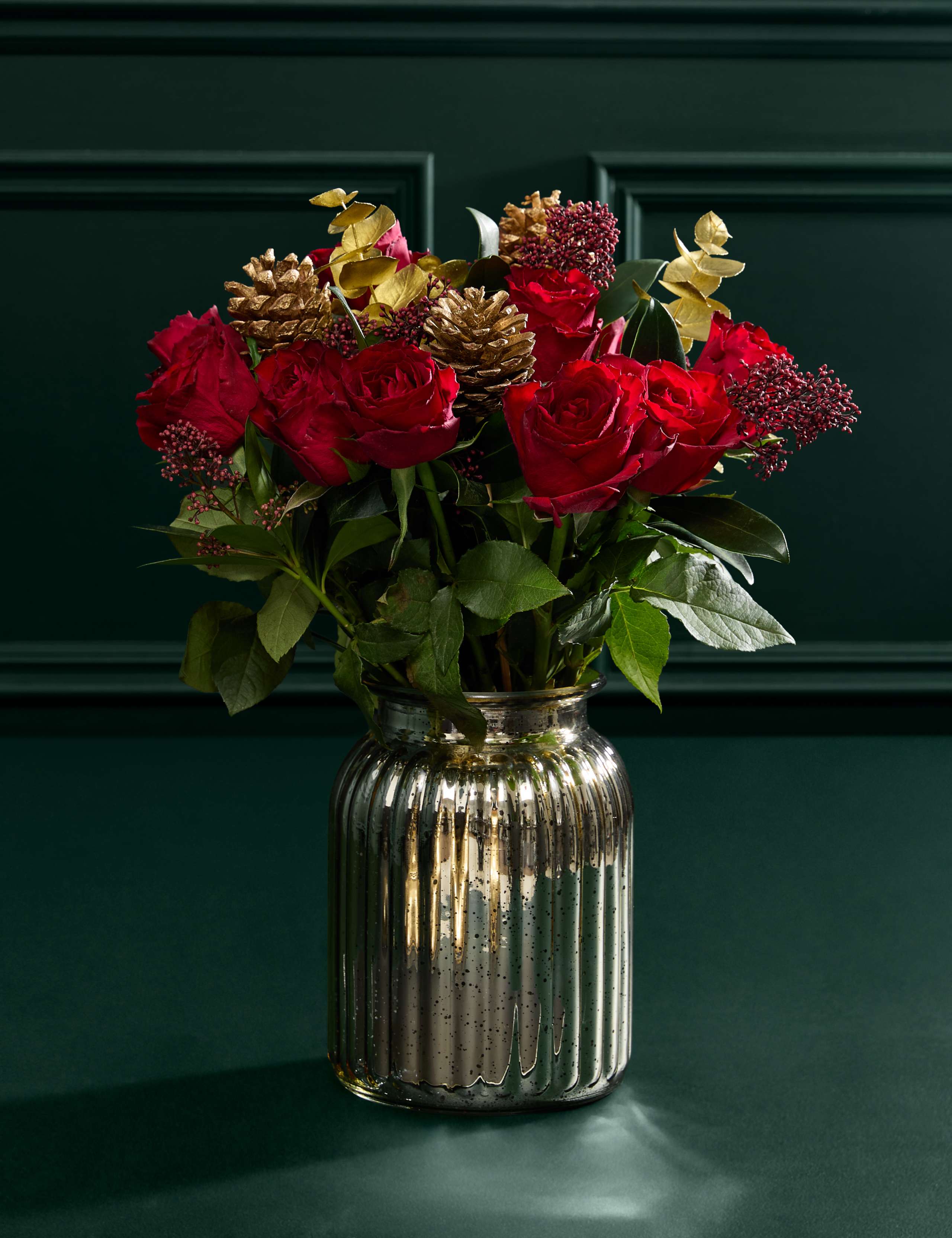 Red Roses & Skimmia Bouquet in Vase 1 of 8