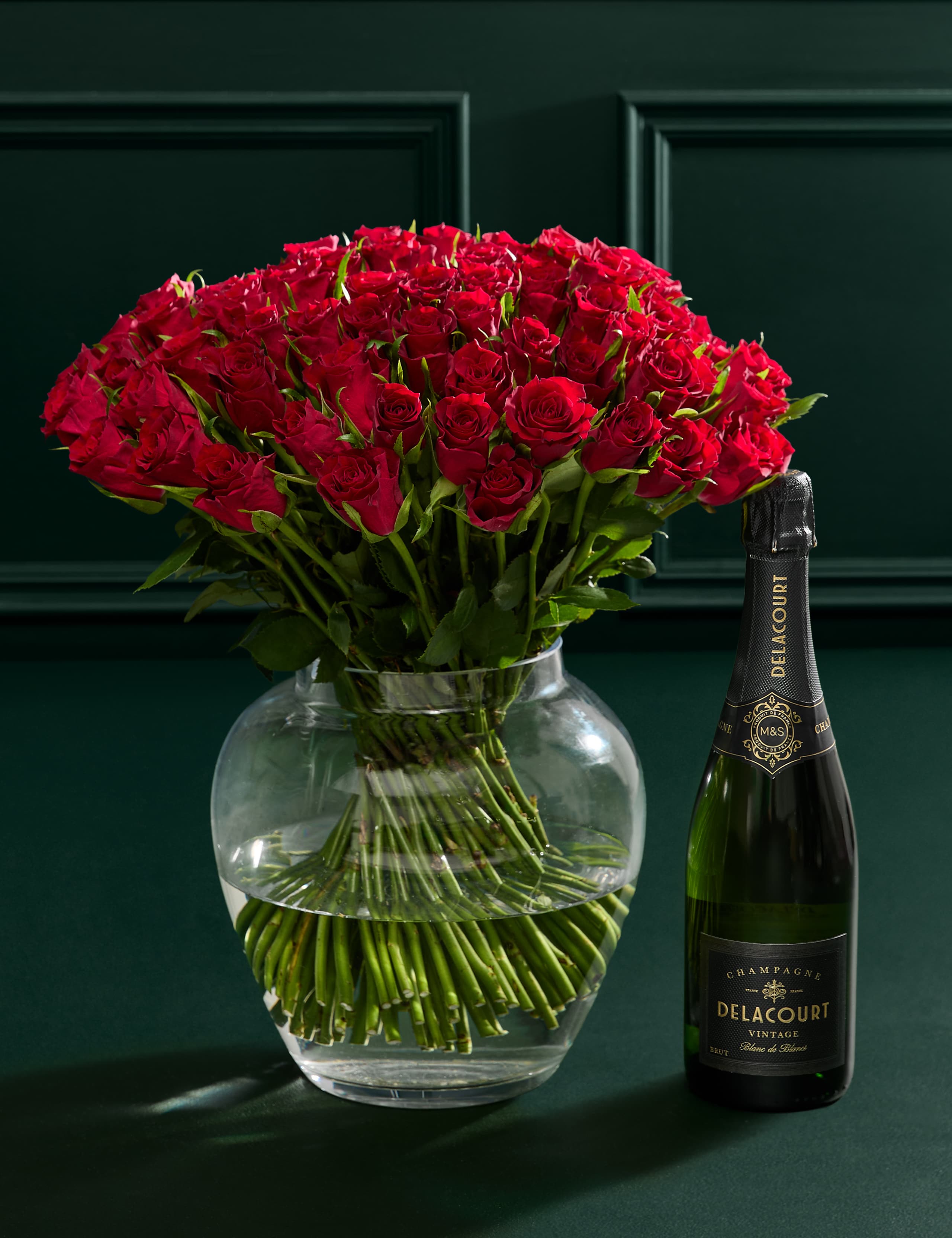 100 Romantic Red Roses Bouquet & Vintage Champagne 1 of 6