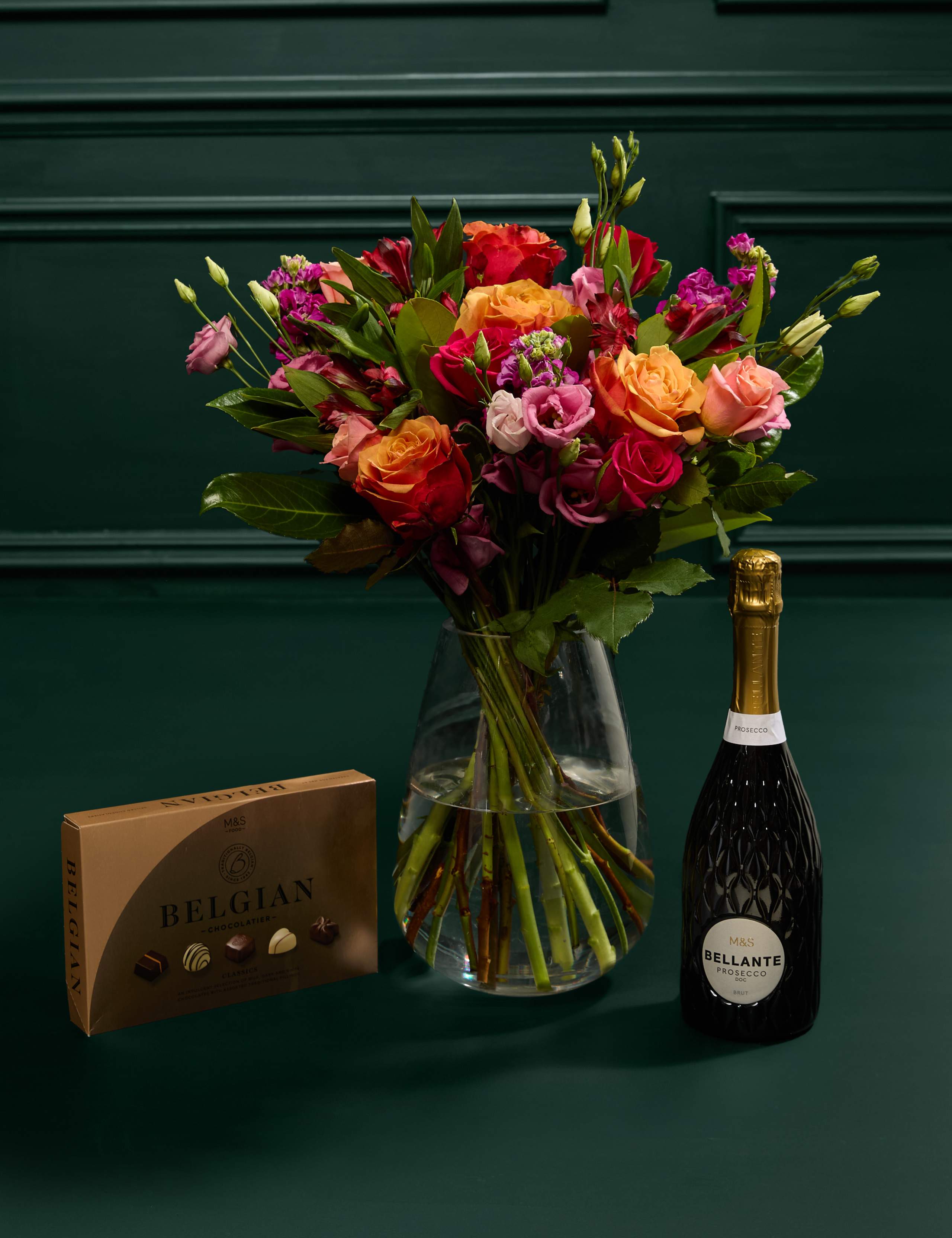 Roses, Lisianthus & Antirrhinum Bright Bouquet with Chocolates & Champagne 1 of 8