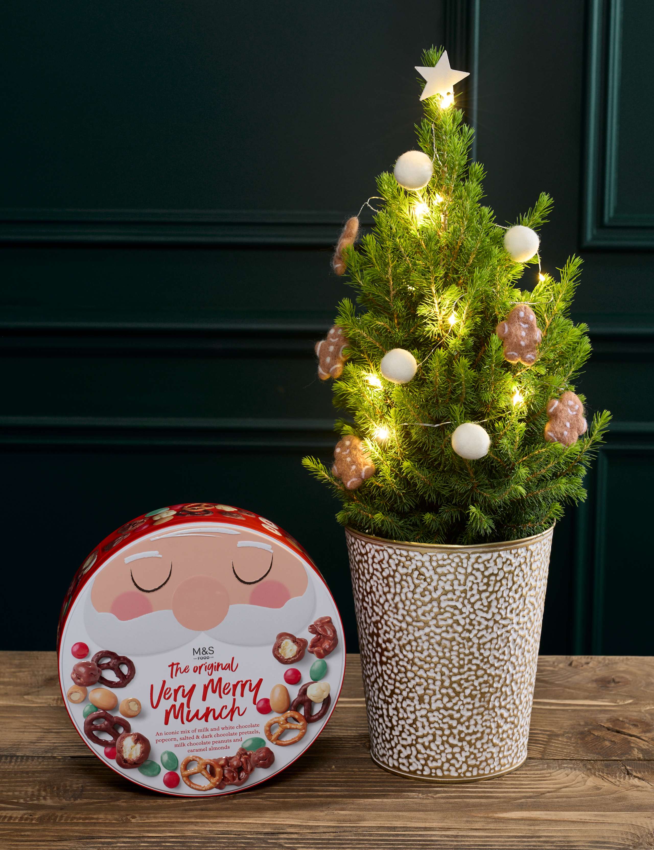 Gold Decorated Christmas Tree 55-60cm with Merry Munch Tin 1 of 3