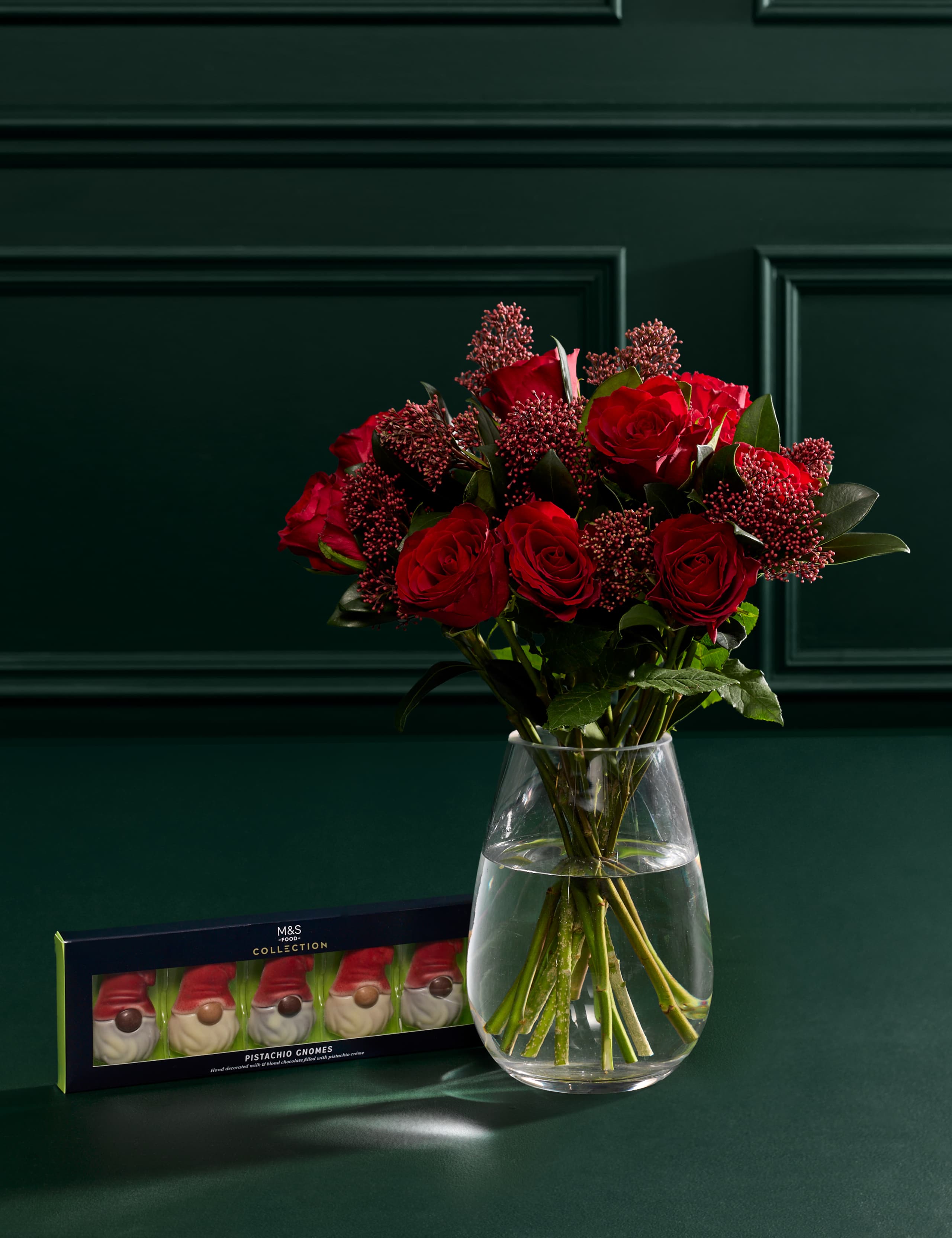 Rose & Skimmia Posy with Pistachio Gnomes 1 of 6