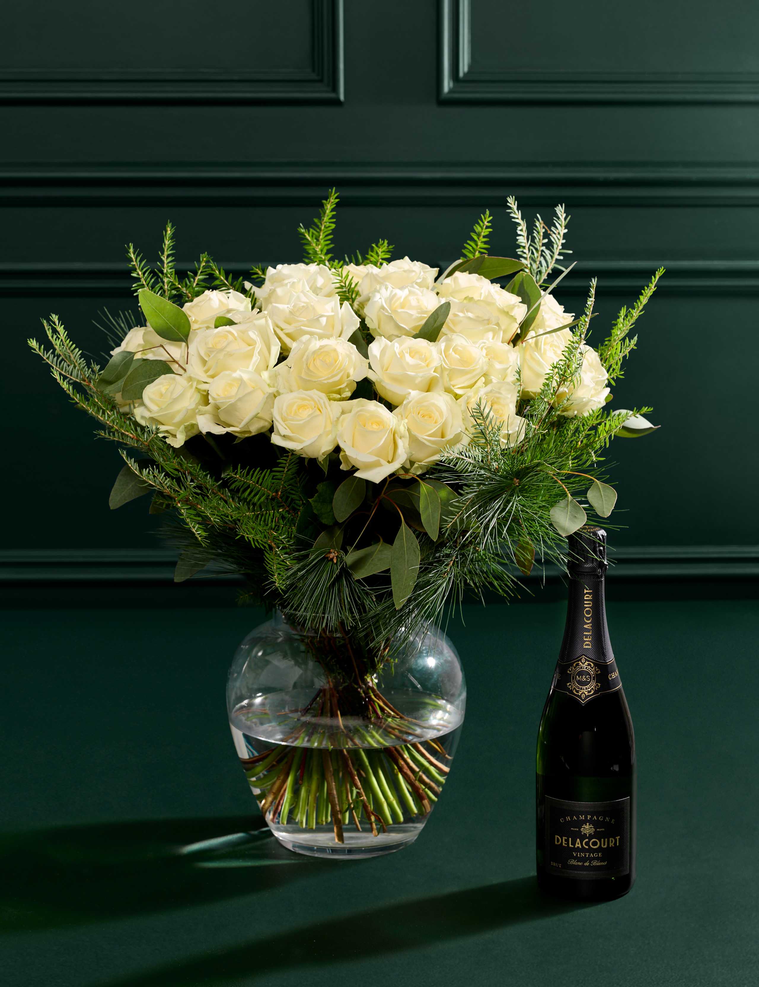 Luxury White Rose & Eucalyptus Christmas Bouquet with Vintage Champagne 1 of 5