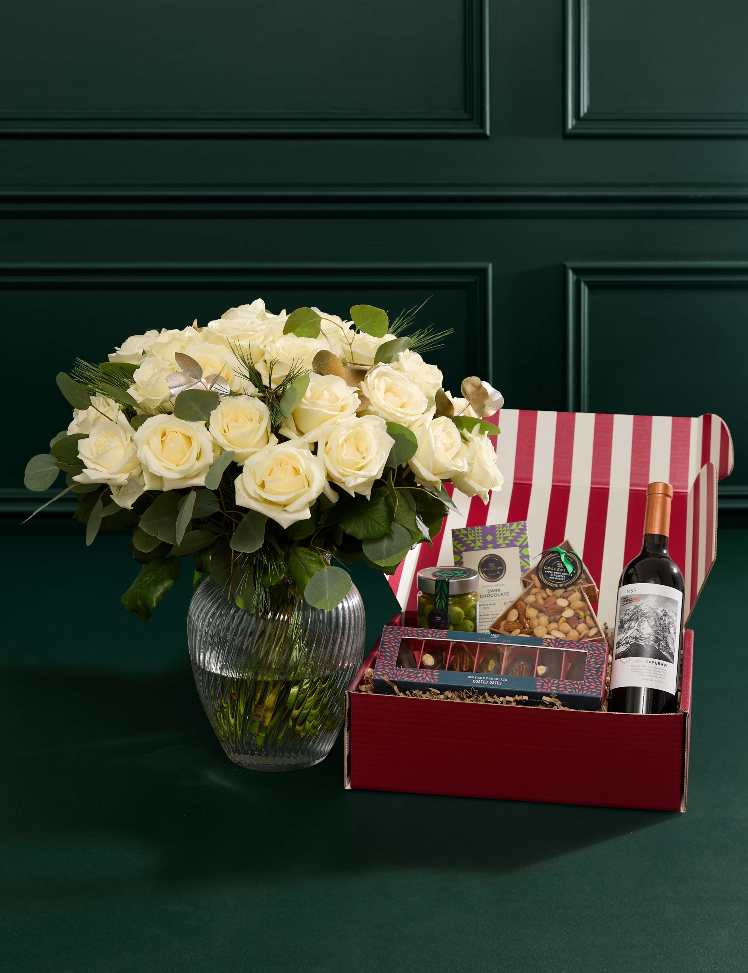 Luxury White Rose & Eucalyptus Bouquet with Vase & Gourmet Grazing Hamper 1 of 6