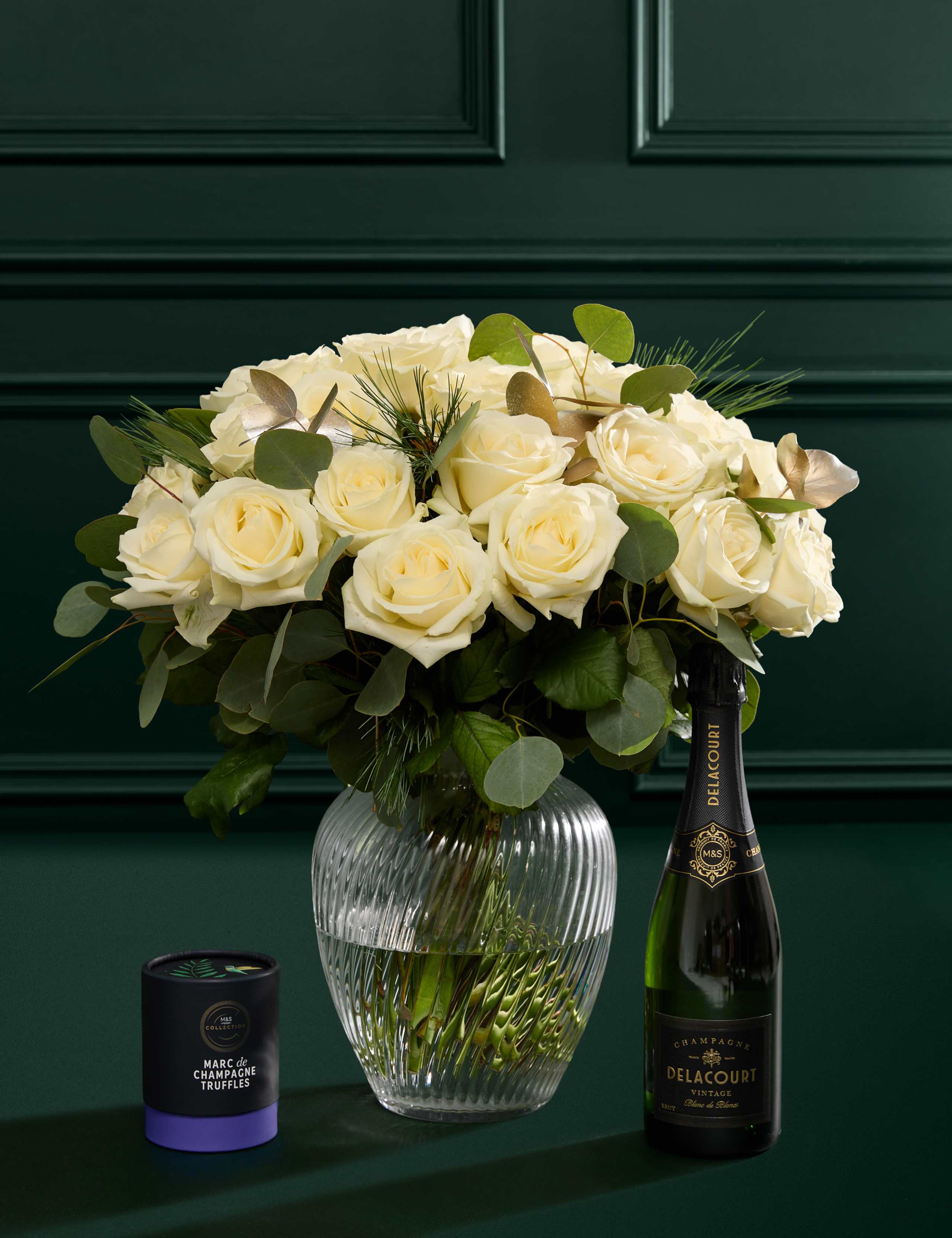Luxury White Rose Bouquet with Vase, Vintage Champagne & Truffles 1 of 5