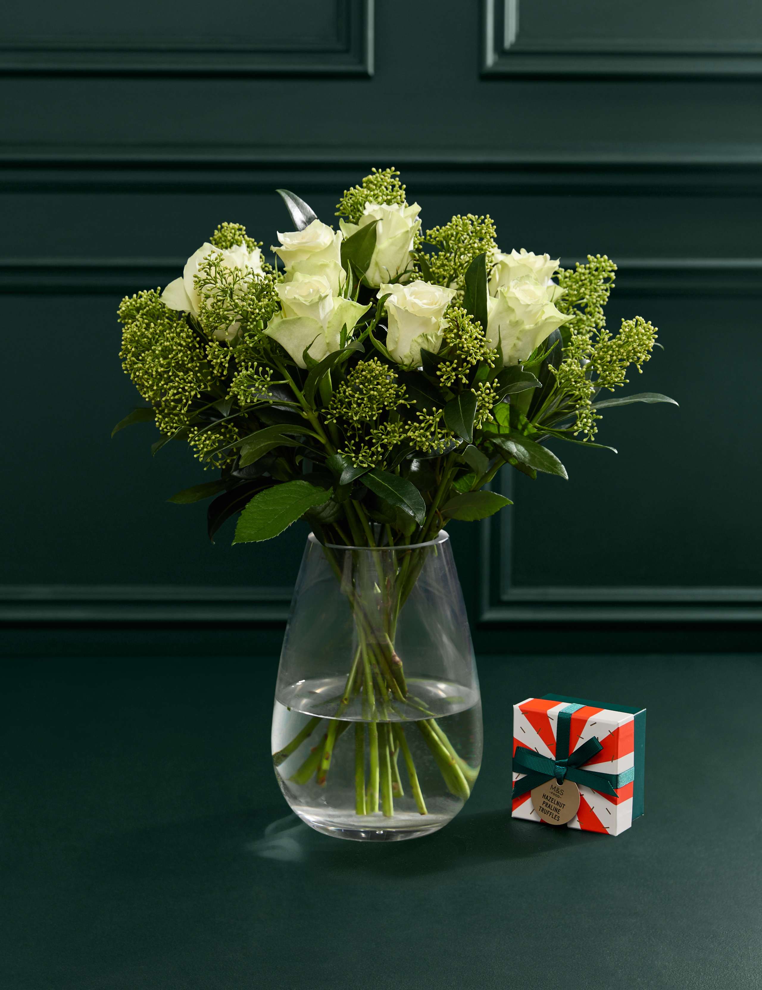 White Rose & Skimmia Bouquet with Chocolates 1 of 7
