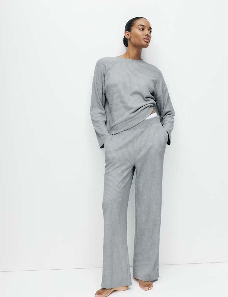 Ribbed Crew Neck Long Sleeve Pyjama Set 1 of 6