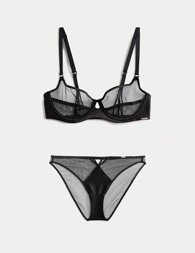 Black Label Satin & Mesh Wired Demi Cup Bra Set A-E 2 of 6