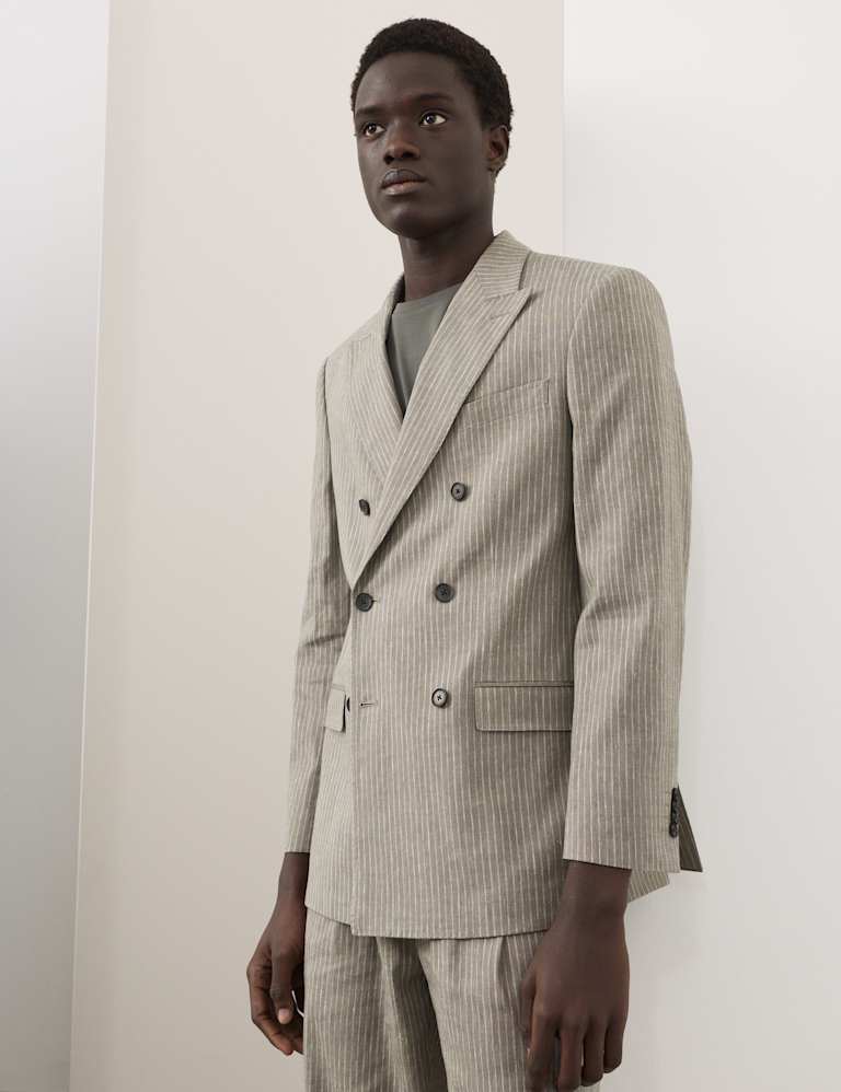 2 Piece Tailored Fit Italian Performance Linen Blend Pinstripe Suit 2 of 6