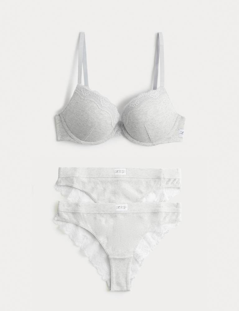Juni Cotton Rib Wired Push-Up Plunge Bra Set A-E 2 of 6