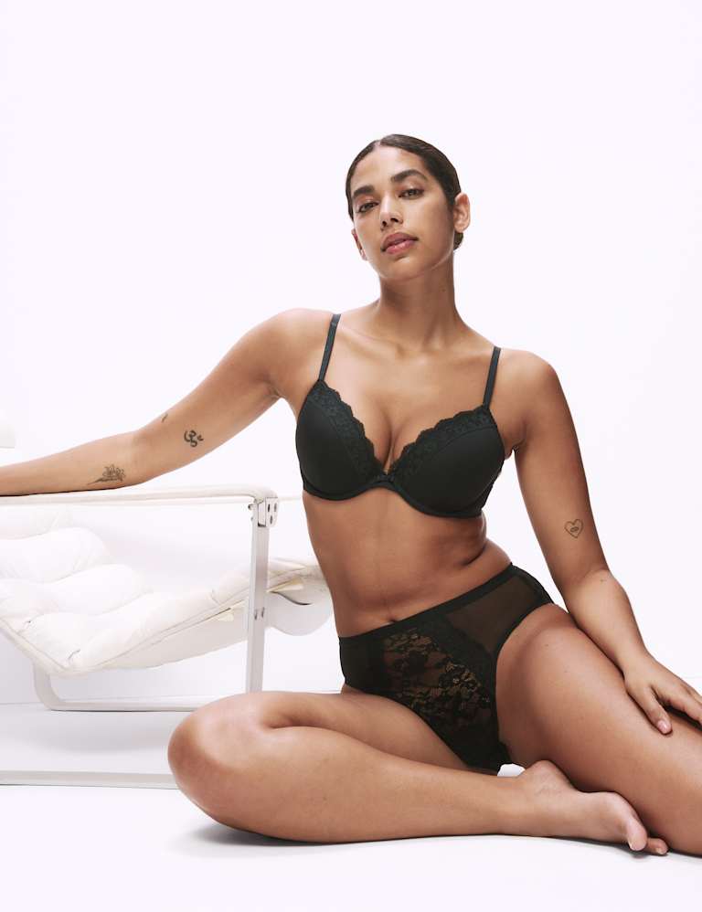 Lace Trim Wired Plunge Bra Set A-E 1 of 6