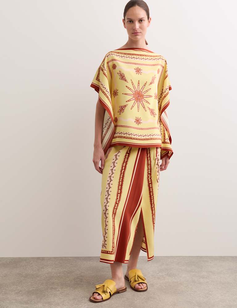Pure Silk Printed Slash Neck Top & Skirt Set 1 of 6