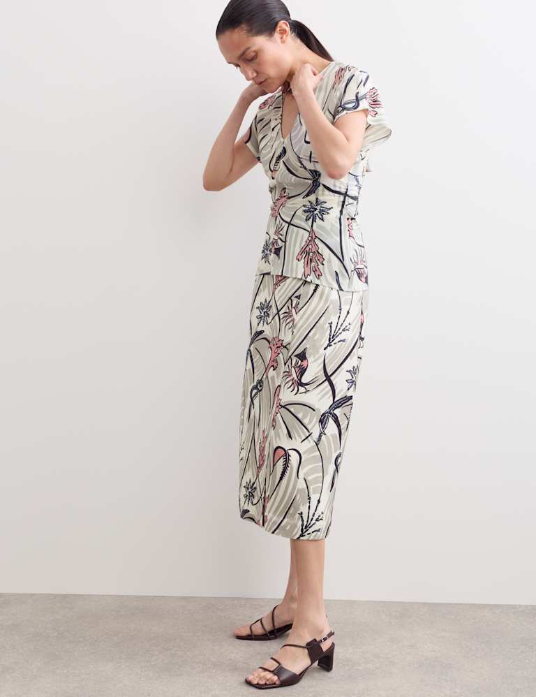 Pure Silk Floral Ruched V-Neck Top & Trouser Set 1 of 5