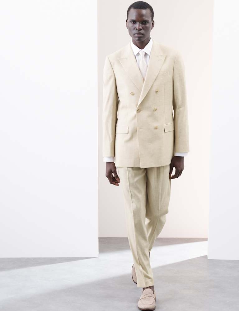 2 Piece Tailored Fit Italian Performance Linen Blend Double Breasted Suit 1 of 6