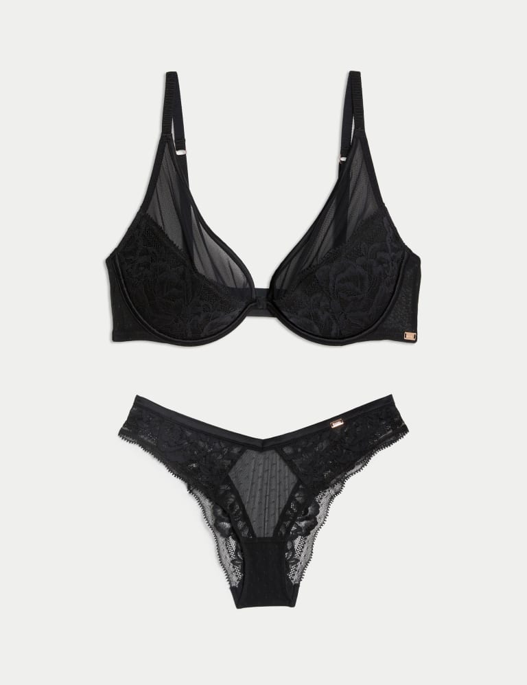 Sheer and Lace Beau Wired Plunge Bra Set A-E 2 of 6