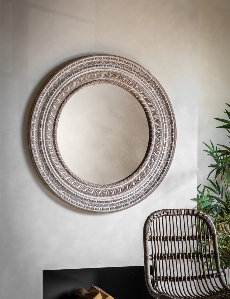 Kota Wooden Large Round Wall Mirror 1 of 3