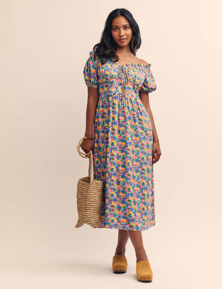 Floral Tie Detail Puff Sleeve Midi Dress 1 of 5