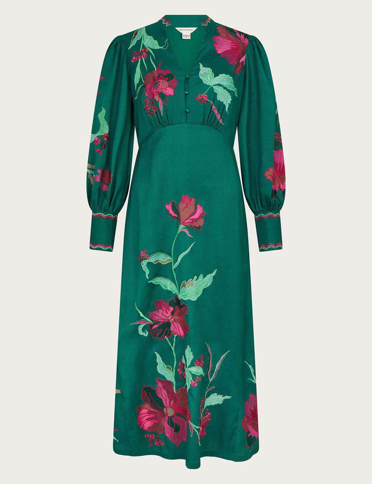 Floral Embroidered V-Neck Midi Waisted Dress | Monsoon | M&S