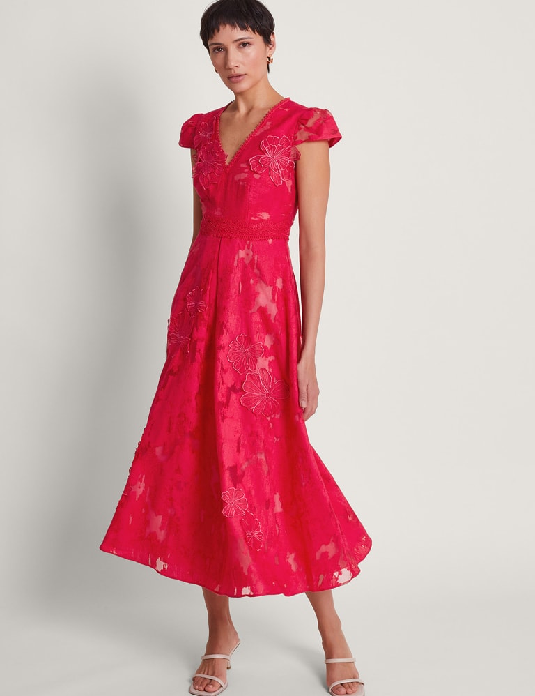 Floral Embroidered V-Neck Midi Waisted Dress | Monsoon | M&S