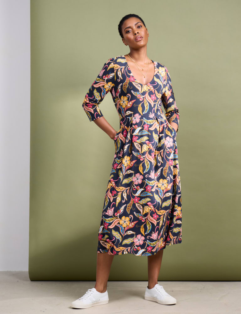 Cotton Rich Floral Scoop Neck Midi Dress 4 of 5