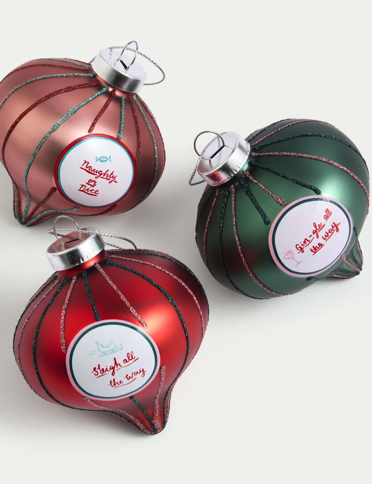 3pk Glass Striped Festive Slogan Baubles 3 of 3