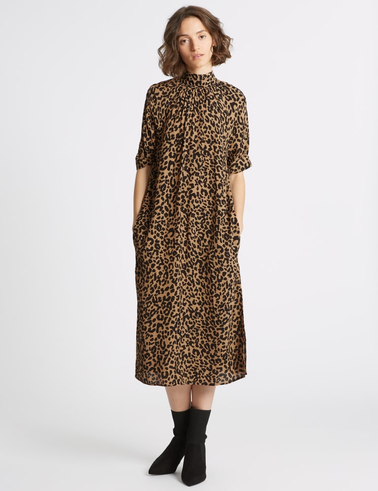 Animal Print Half Sleeve Shift Midi Dress Limited Edition M S IE