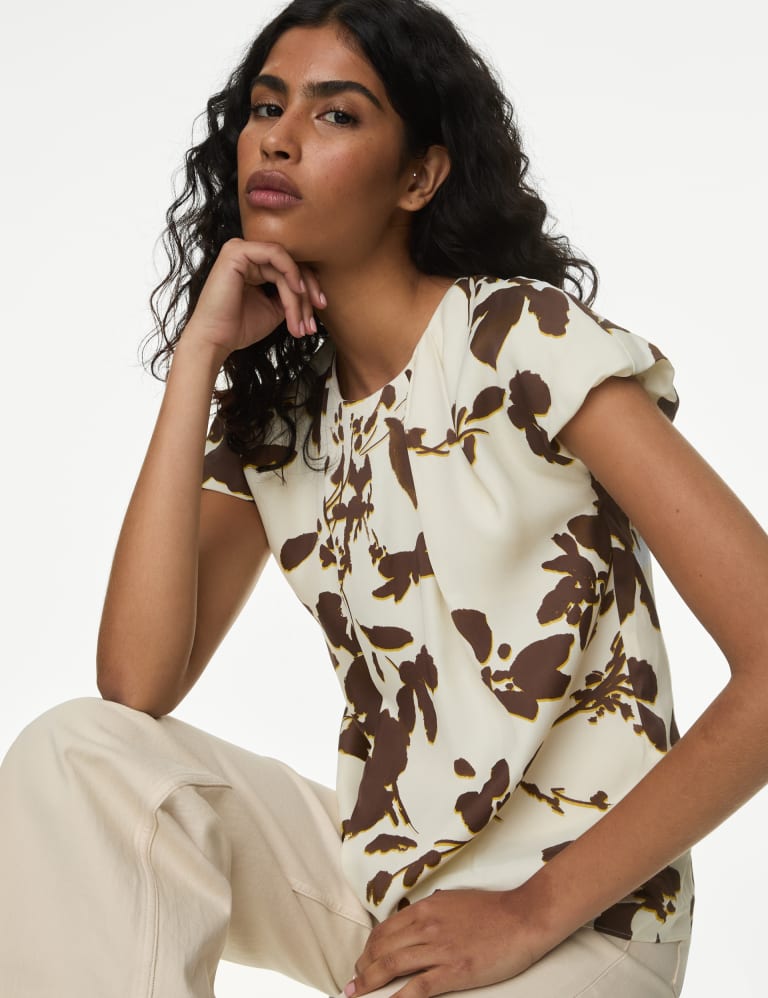 Satin Floral Pleat Detail Cap Sleeve Blouse | M&S Collection | M&S