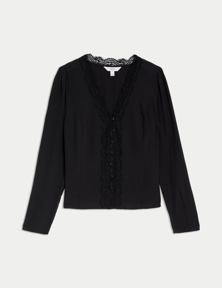 V-Neck Lace Detail Button Through Blouse | M&S Collection | M&S