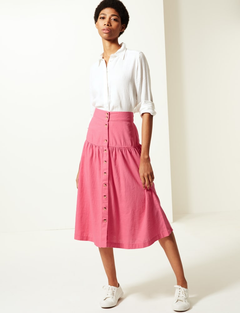 Linen Rich Button Detailed A Line Midi Skirt M S Collection M S IE