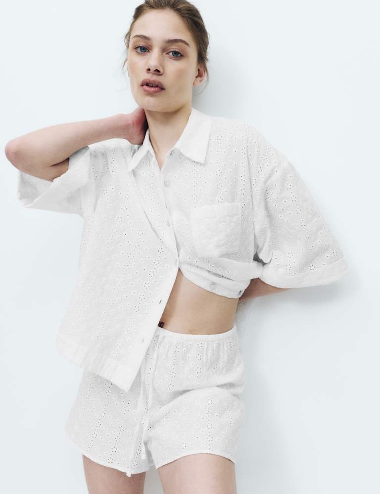 Pure Cotton Broderie Short Sleeve Pyjama Shirt Set 4 of 6