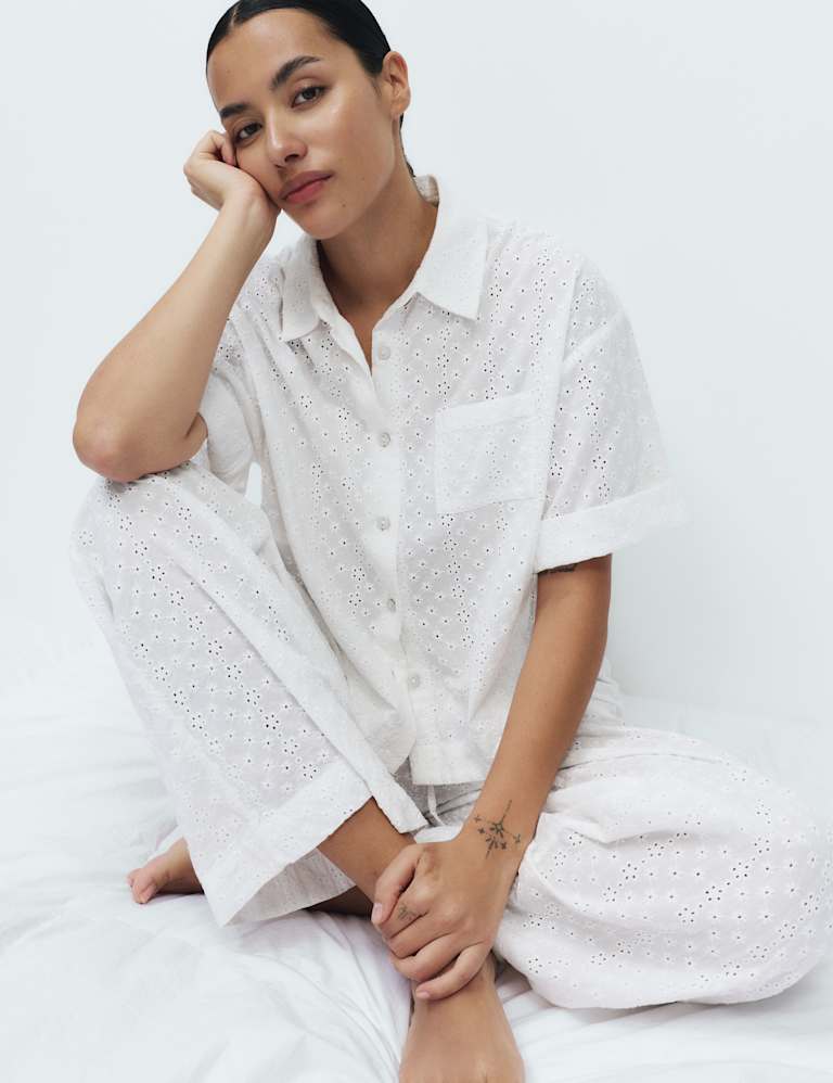 Pure Cotton Broderie Short Sleeve Pyjama Shirt Set 3 of 6