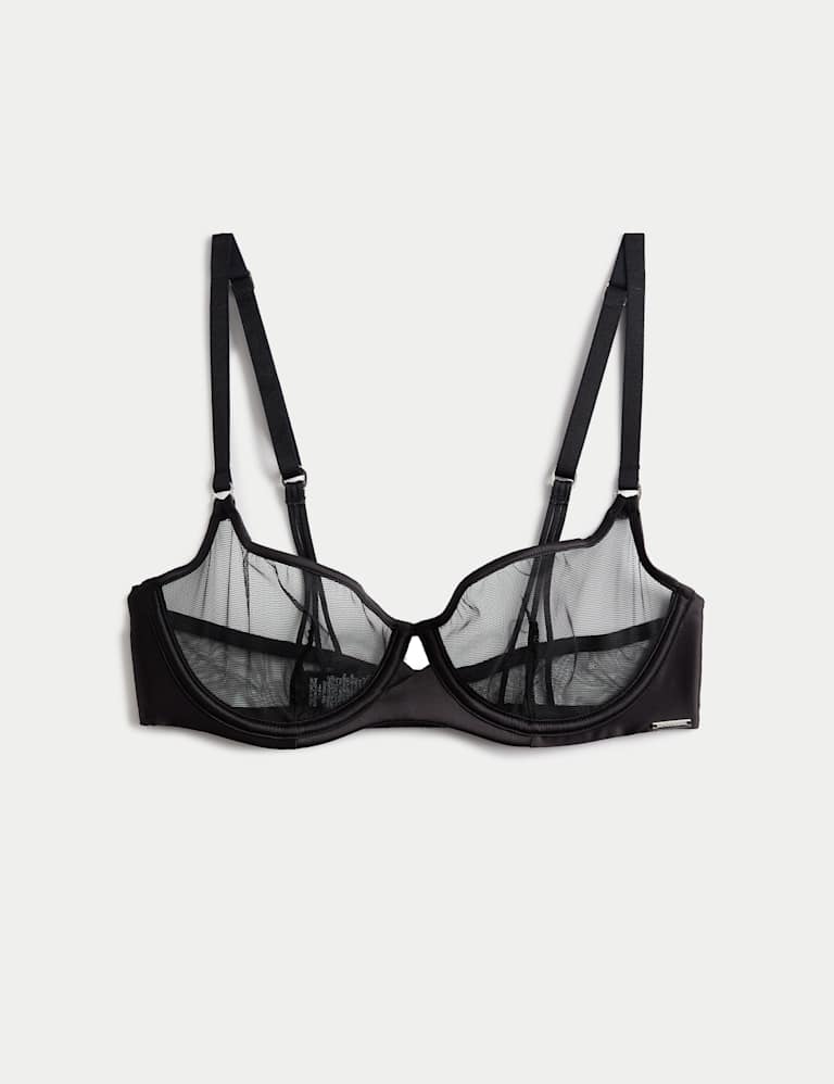 Black Label Satin & Mesh Wired Demi Cup Bra Set A-DD 2 of 6