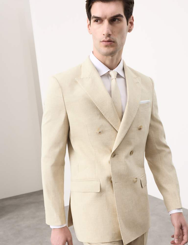 2 Piece Tailored Fit Italian Performance Linen Blend Double Breasted Suit 1 of 6