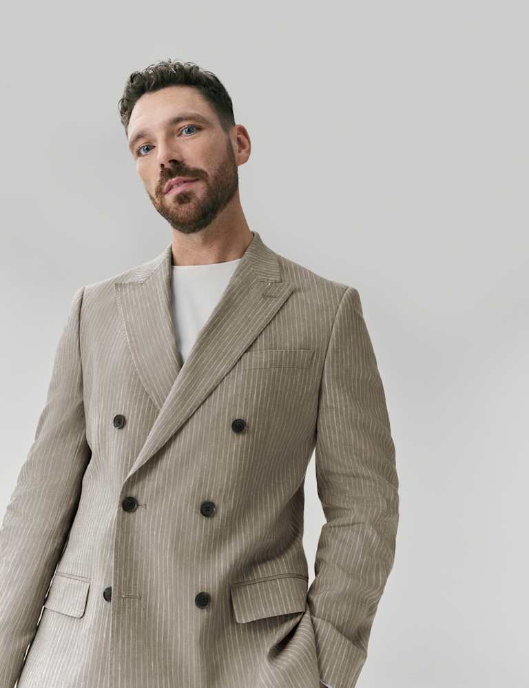 2 Piece Tailored Fit Italian Performance Linen Blend Pinstripe Suit 1 of 6