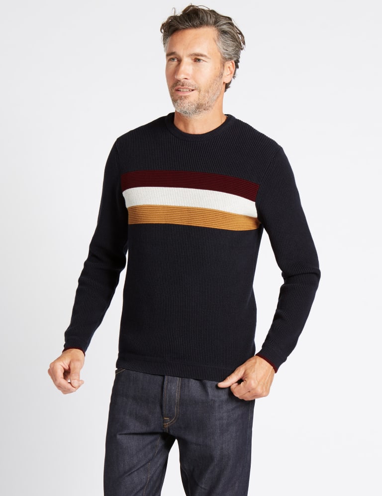 Cotton Rich Striped Crew Neck Jumper Blue Harbour M S IE
