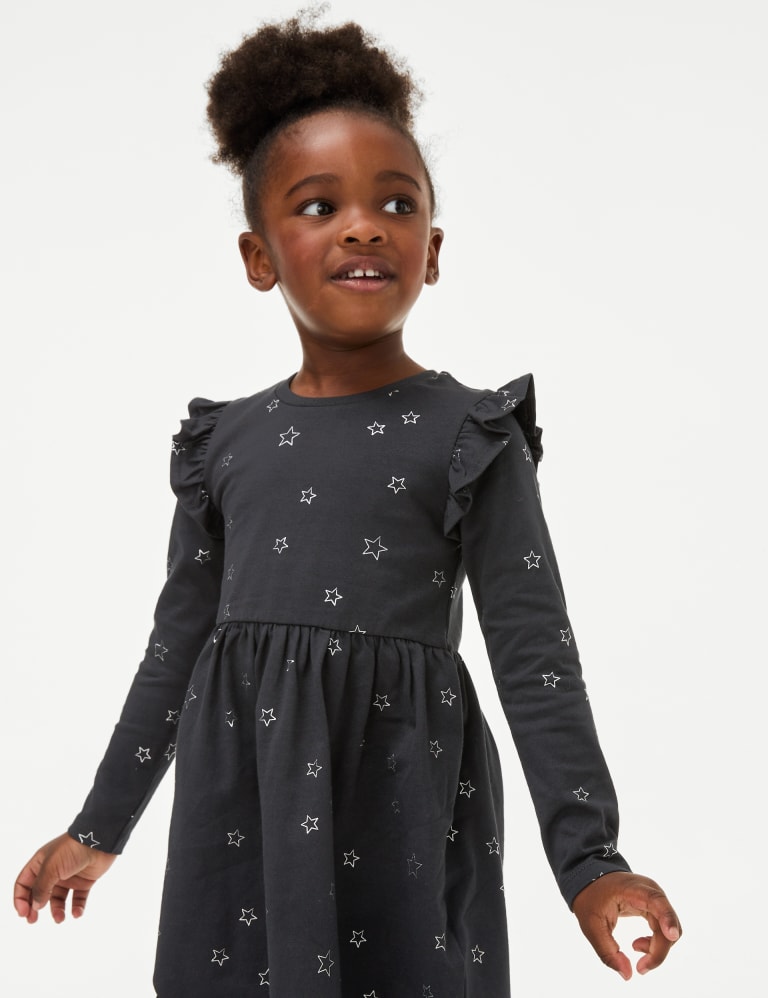 Pure Cotton Foil Star Frill Sleeve Dress (2-8 Yrs) 3 of 4