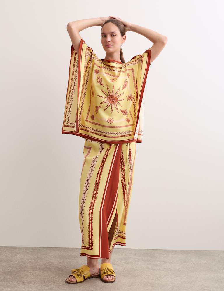 Pure Silk Printed Slash Neck Top & Skirt Set 3 of 6