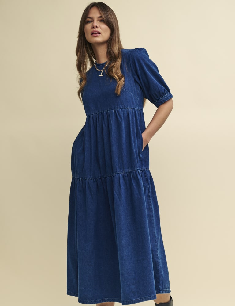 Denim Puff Sleeve Midi Tiered Smock Dress 2 of 5