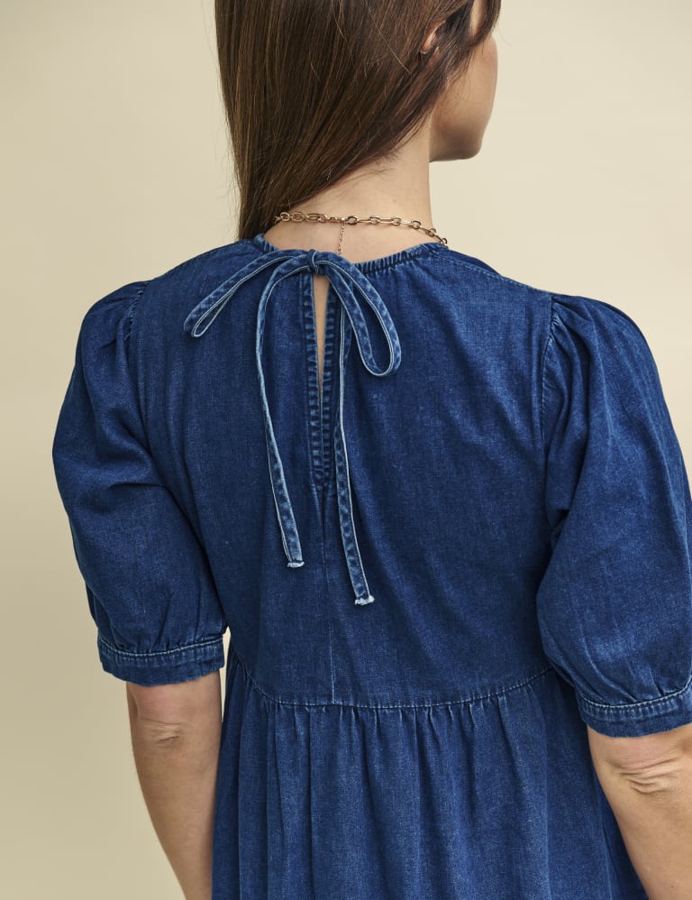 Denim Puff Sleeve Midi Tiered Smock Dress 5 of 5