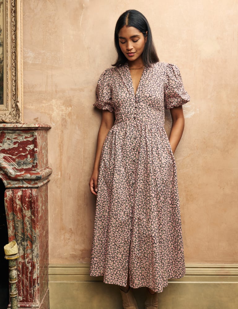 Pure Cotton Floral V-Neck Midaxi Waisted Dress | Nobody