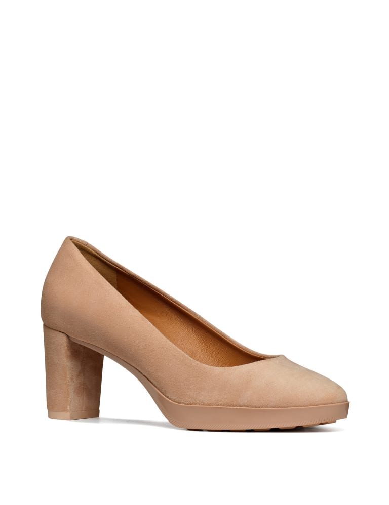 Suede Slip On Block Heel Court Shoes