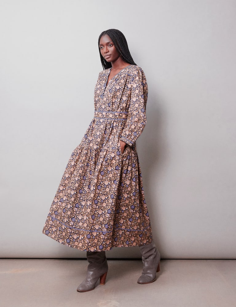 Organic Cotton Floral V-Neck Midi Waisted Dress | Albaray | M&S