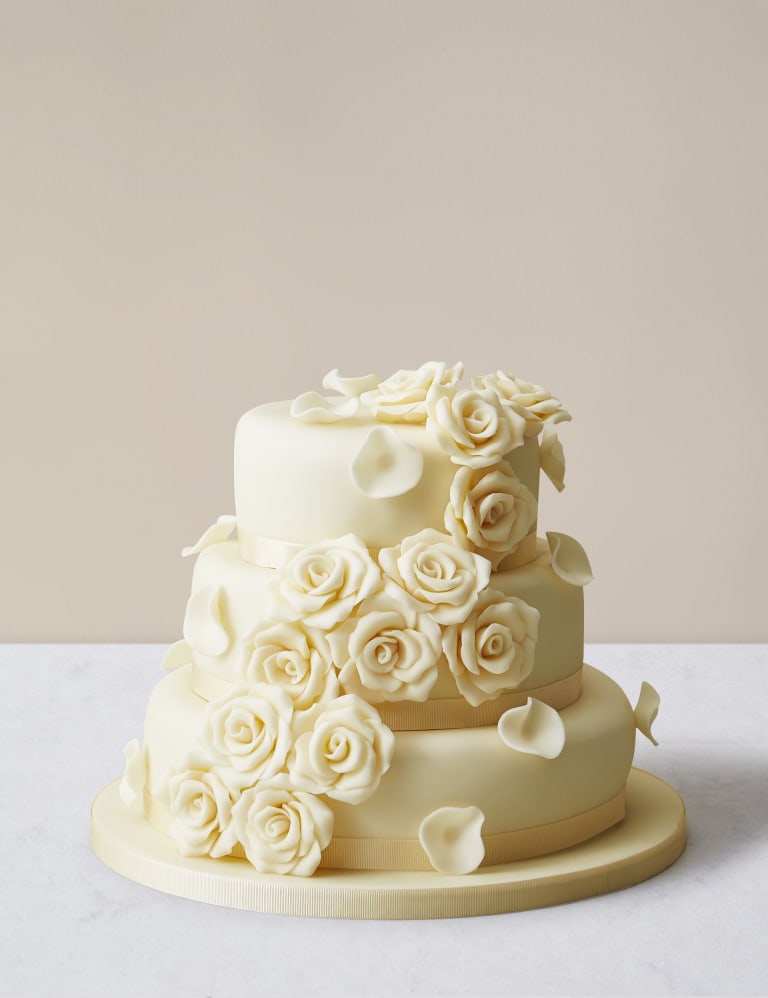 Chocolate Rose Wedding Cake with White Chocolate Icing Chocolate Sponge Serves 140 Last order date 26th March M S